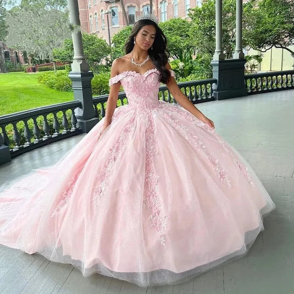 Pink Floral Quinceanera Dresses Ball Gown Luxury Court Train Formal 15