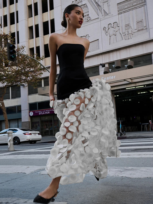2025 Sexy Women Strapless Dot Mesh Patchwork Long Dress Patchwork Polka Dot A- Line Slim Dresses Female Evening Party Gowns