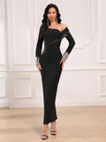 2025 Spring Women's Sexy Asymmetric Bandage Dress with Diagonal Collar Long Sleeve Bead Design Bodycon Long Dress Party Vestidos
