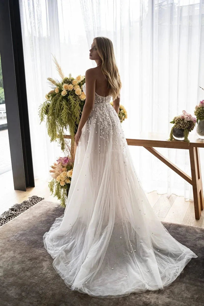 Sparkling Eightale Bohemian Wedding Dresses Off the Shoulder Beaded with Pearls Appliques Wedding Gown Boho Bridal Dresses