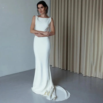 Crepe Sleeveless Simple Mermaid Wedding Dress Bride Open Beach Bride Gown Backless ButtonWomen Customize Measure Stunning White