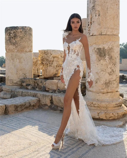 Modern Lace Wedding Dress Side Split Sexy Backless Bridal Dresses Sweetheart Floor-Length Applique Mermaid Bride Gowns Robe Beige