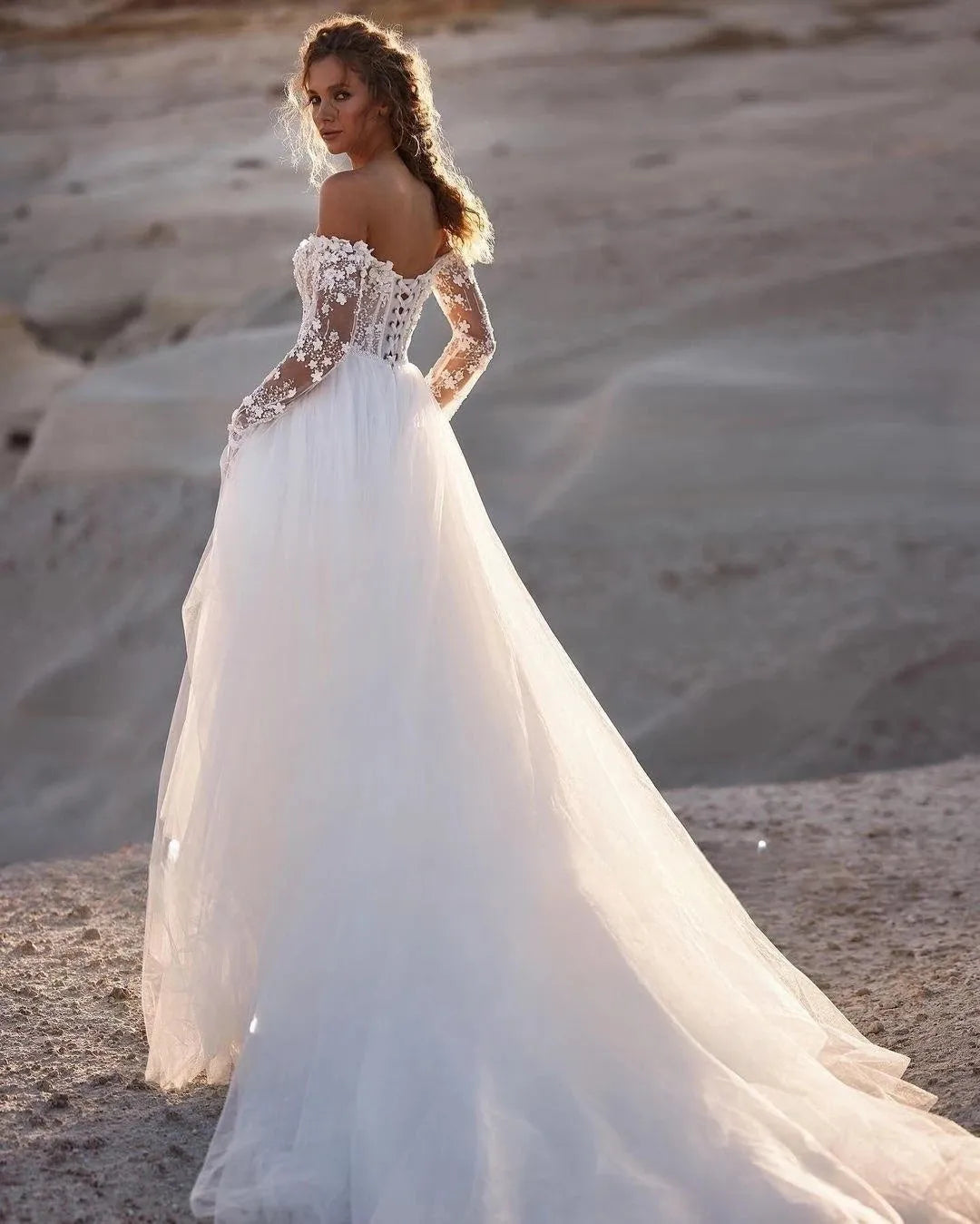 Off Shoulder Wedding Dresses Lace Appliques Beading Long Sleeves A-Line Customize To Measures Stunning Robe De Mariee For Women