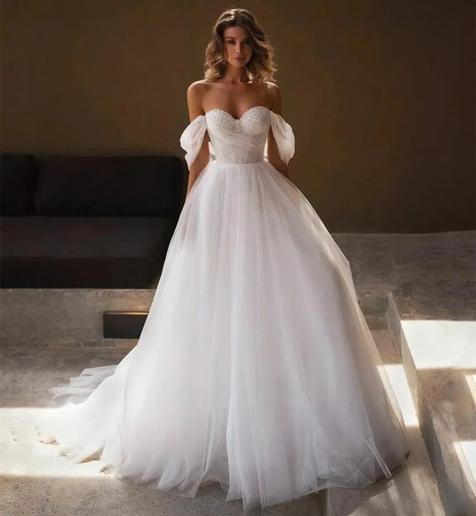 Sexy Strapless Wedding Dress Beads Corset A-Line Tulle Floor-Length Boho Beach Bride Gown Custom Sweep Train Gala Party Dress As Picture