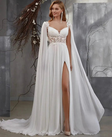 A-Line Chiffon Wedding Dress Detachable Floor Long Sleeves Boho Lace Appliques Bride Gown Robe de mariée Beach Party Dress Custom Color