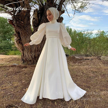 Muslim Wedding Dresses Puff Sleeve Satin Civil Bridal Gowns Customized Bride Dress Muslim robe de mariée