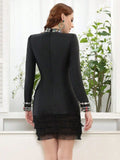 2025 Elegant Women's Mesh Patchwork Nail Bead Design Dress O-neck Long Sleeve Bodycon Mini Dress Cocktail Evening Party Vestidos