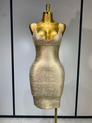 High Quality Celebrity Elegant Gold Bodycon Bandage Dress Women Sexy Nightclub Evening Party Luxury Birthday Dress Vestidos Gold