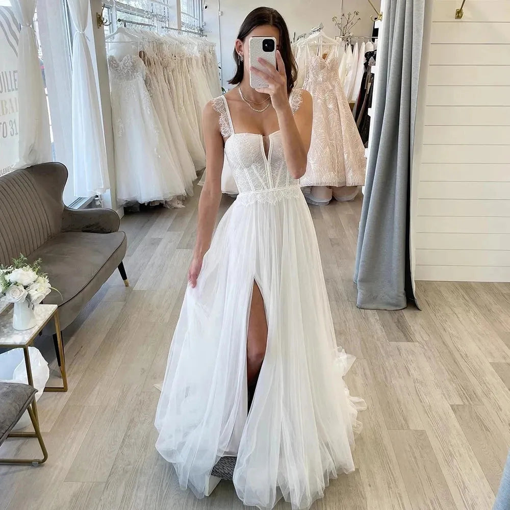 Simple Wedding Dresses Sweetheart Boho Long Wedding Gowns Sexy Side Split Tulle Elegant Bride Dress vestidos de novia Champagne