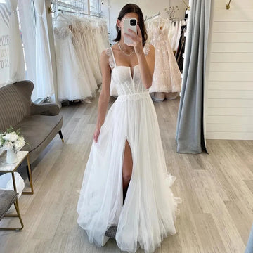 Simple Wedding Dresses Sweetheart Boho Long Wedding Gowns Sexy Side Split Tulle Elegant Bride Dress vestidos de novia Champagne