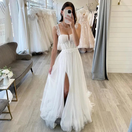 Simple Wedding Dresses Sweetheart Boho Long Wedding Gowns Sexy Side Split Tulle Elegant Bride Dress vestidos de novia Champagne