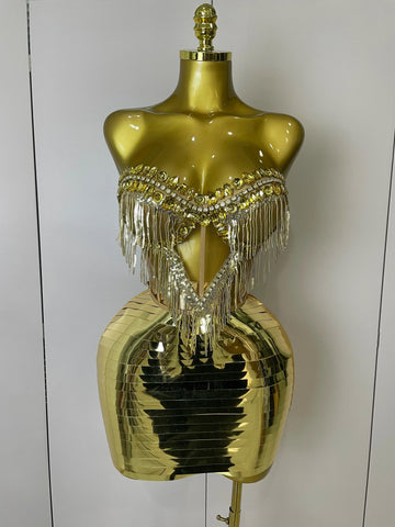 Sparkly Gold Rhinstones tassels Top Skirt Two-piec Set Women Sexy Strapless Designer Nightclub Evening Party Stage Outfit Gold