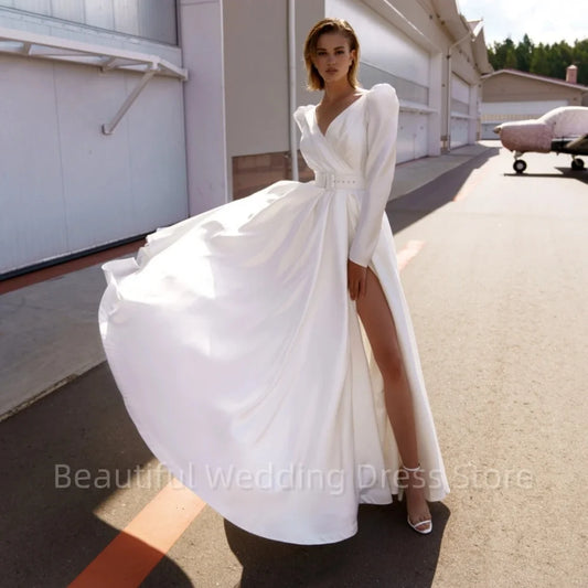 Simple High Split Wedding Dress For Woman A-Line V-Neck Bridal Gown Full Sleeve Belt Beach Sweep Train Robe Custom De Mariée