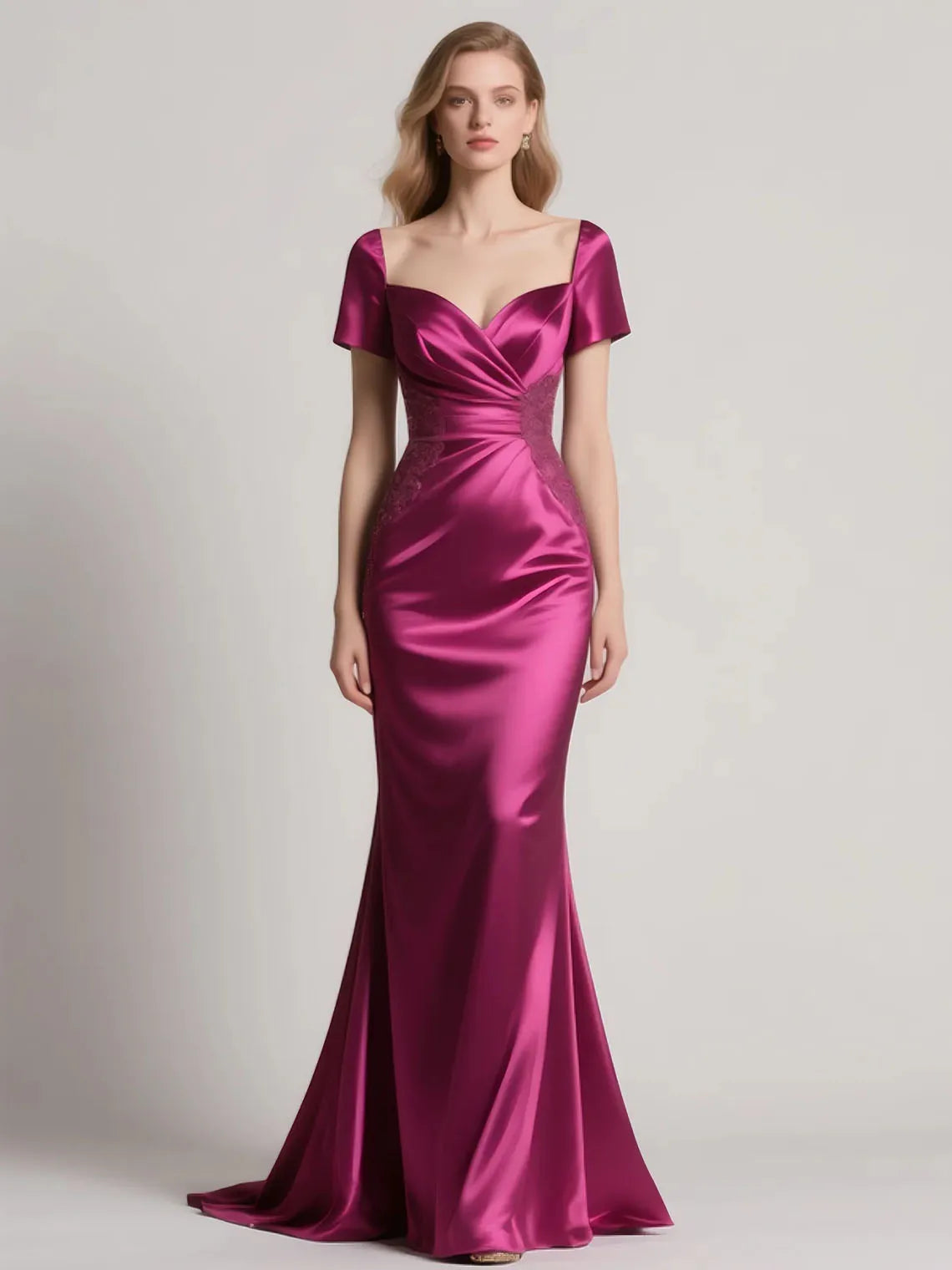 Mother Of The Bride Dress - Elegant Satin Mother of the Bride Dress Short Sleeves Appliques Sequin Luxury Formal Long Evening Gown 2025 Free Customized Fuchsia 3