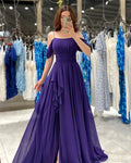 Elegant Chiffon Evening Dresses Spaghetti Strap Off The Shoulder Pleat Ruched Middle Slit Prom Dresses for women Purple
