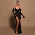 Sexy Black Lace Mermaid Prom Dress Strapless High Side Slit Formal Illusion Evening Dress Floor Length Party Gown Black