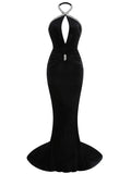 2024 Sexy Christmas Tailcoat And Floor Dress Women Hanging Neck Rhinestone Glove Design Hollowed Out Backless Long Dress Vestido