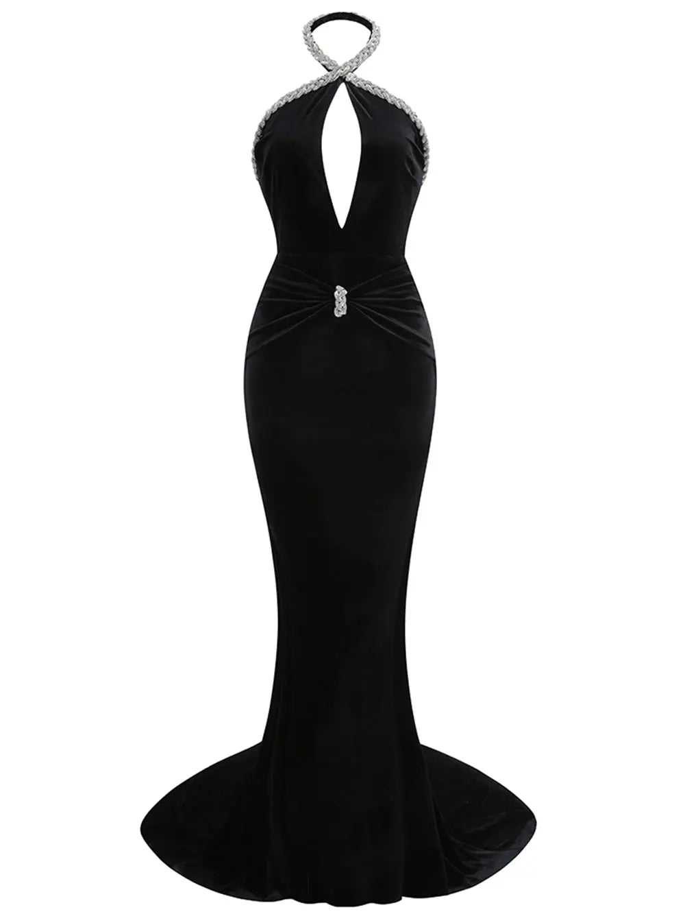 2024 Sexy Christmas Tailcoat And Floor Dress Women Hanging Neck Rhinestone Glove Design Hollowed Out Backless Long Dress Vestido