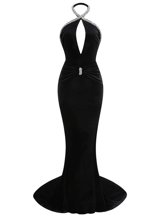 2024 Sexy Christmas Tailcoat And Floor Dress Women Hanging Neck Rhinestone Glove Design Hollowed Out Backless Long Dress Vestido