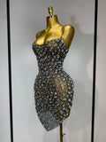 Luxury Diamond Mesh See Through Stretch Bodycon Dress Women Sexy Sleeveless Evening Party Birthday Celebrate Perform Costume