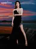 2025 Spring Women's Light Luxury Nail Bead Velvet Dress Strapless Sleeveless Bodycon Split Body Long Dress Evening Party Vestido