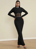 2025 Spring Women Bead Design Bandage Long Dress Stand Collar Long Sleeve Chiffon Patchwork Bodycon Dress Evening Party Vestidos black