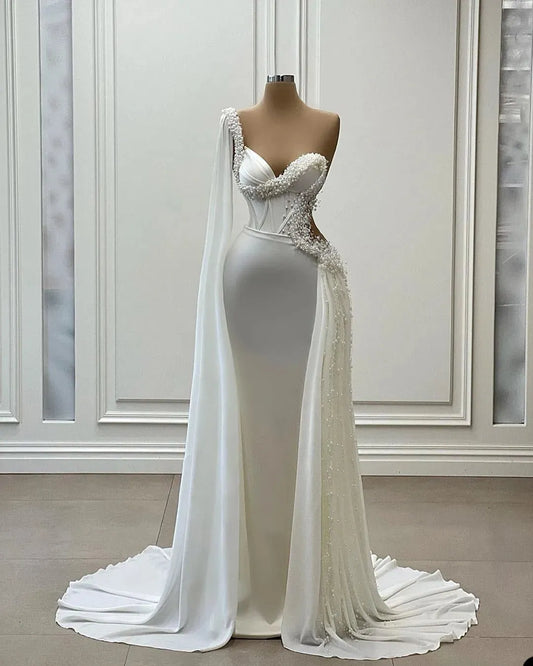 Pearls Mermaid Wedding Dress One Shoulder Long Sleeve Satin Illusion Bridal GownsTiered Pleats Vestido De Noiva Custom Made White