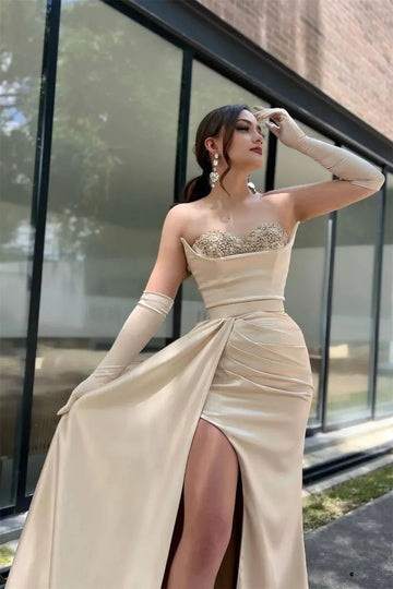 Amanda Beige Strapless vestidos de noche Heart Beaded Mermaid Prom Dresses Elegant Floor-Length Long Shawl Formal Evening As Picture
