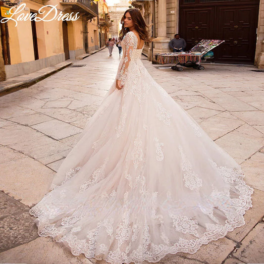 LoveDress Princess V-Neck Wedding Dress Long Sleeve Lace Up Appliques Ball Gown Luxury Bride Gown Backless Train Robe de mariée