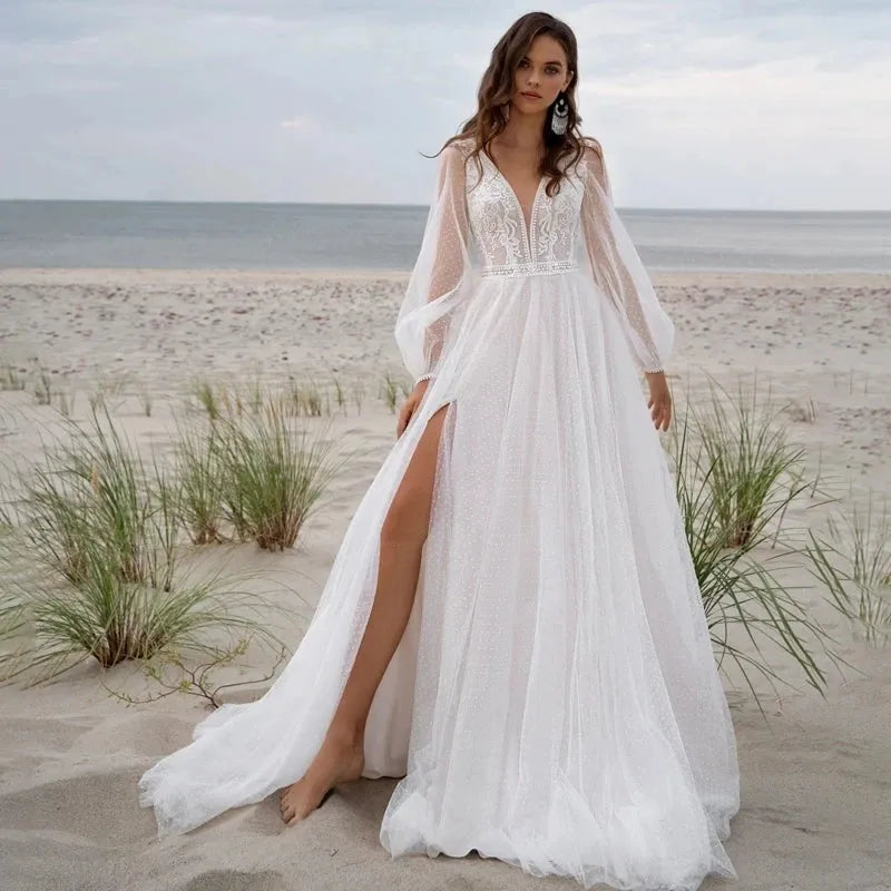 Beach Boho V-neck Tulle Wedding Dress Long Puff Sleeves High Slide App