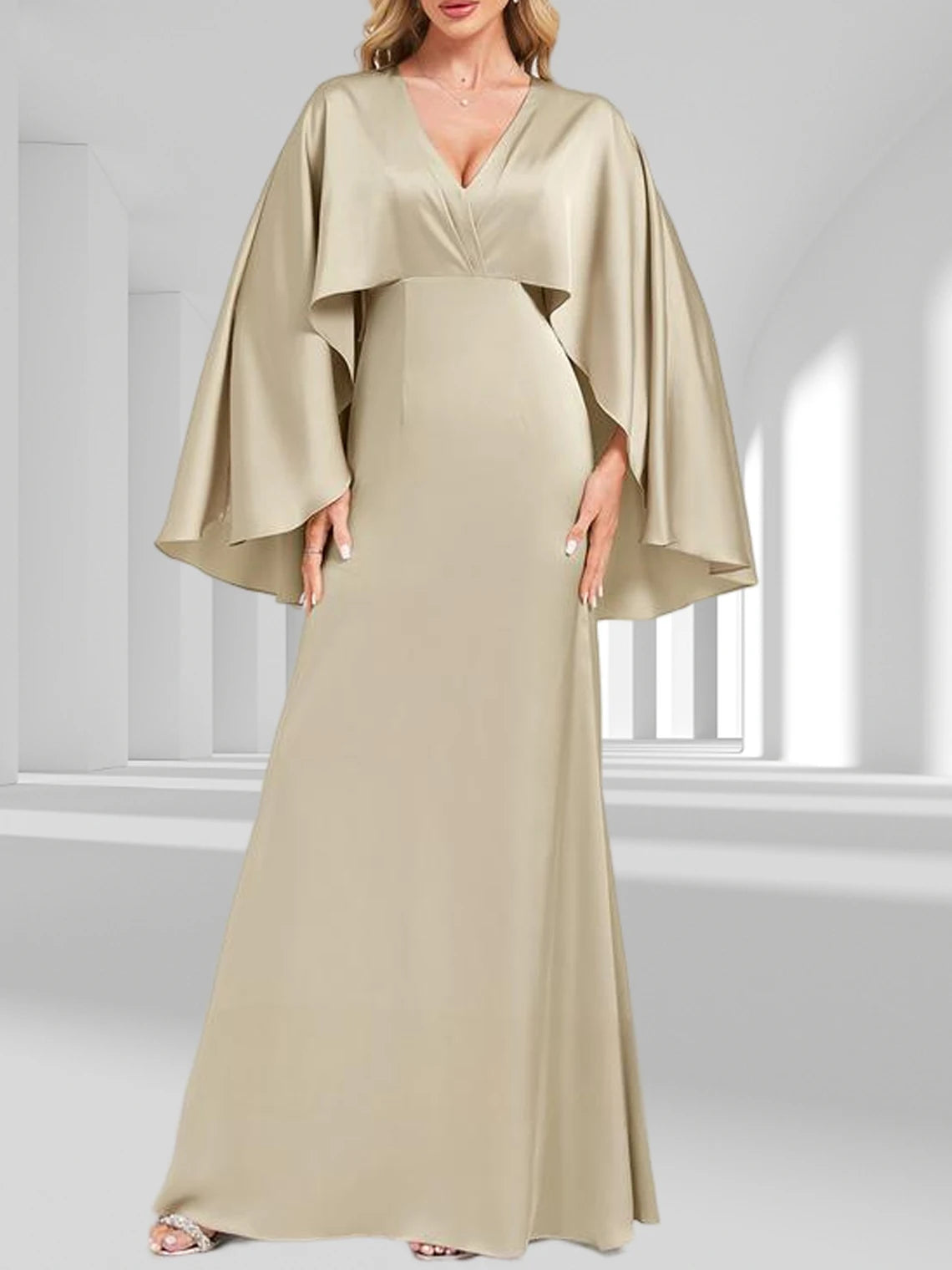 Mother Of The Bride Gown - Elegant A-Line Formal Evening Dress Matte V-Neck Floor-Length 3/4 Length Sleeve Mother of the Bride Dress 2025 free customized Champagne