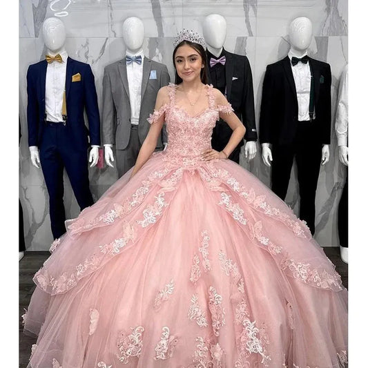 Pink Quinceanera Dresses Off-Shoulder Beaded Flowers Appliques Vestidos De 15 Anos Formal Prom Birthday Party Gown Pink