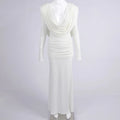 Elegant Solid Draped V-neck Long sleeves Maxi Dress Women White Sexy Backless Backless Evening Party Wedding Gowns Female WHITE