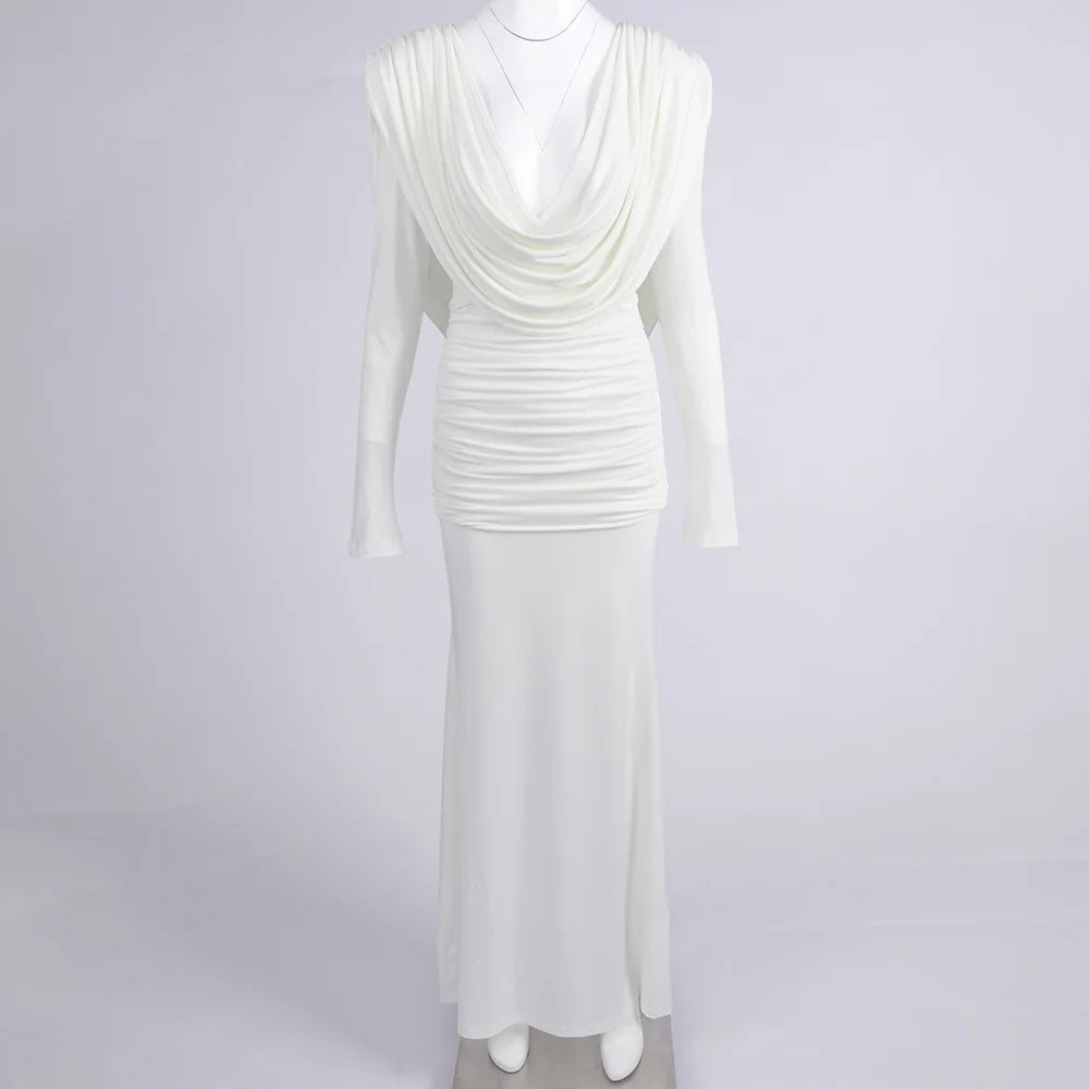 Elegant Solid Draped V-neck Long sleeves Maxi Dress Women White Sexy Backless Backless Evening Party Wedding Gowns Female WHITE