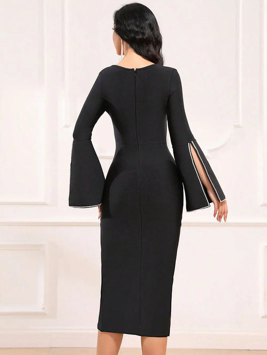 Women Light Luxury Rhinestone Bandage Dress With O-Neck Flared Sleeves Slim Fit Split Body Midi Dress Evening Club Party Vestido