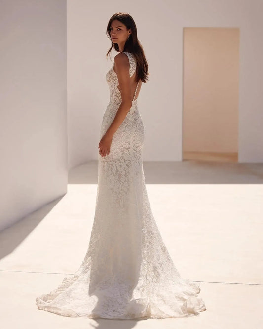 Elegant Mermaid Wedding Dress Chapel Train Sexy V-Neck Fashion Backless Vestido De Casamento