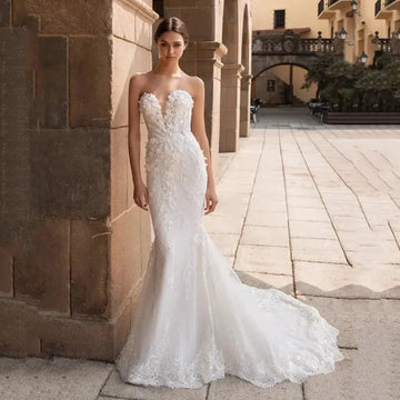 Luxury Long Mermaid Tulle Wedding Dress Sexy Sweetheat Appliques Lace Pleat Sleeveless Vintage Backless Button Bridal Growns White