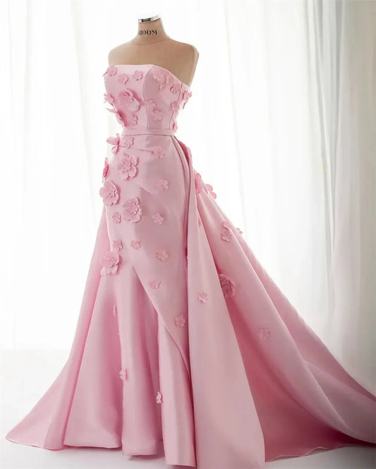 Pink Straples Robes De Soirée 3D Flowers Mermaid Detachable Train Prom Dresses Sleeveless Floor-length Wedding Dress As Picture