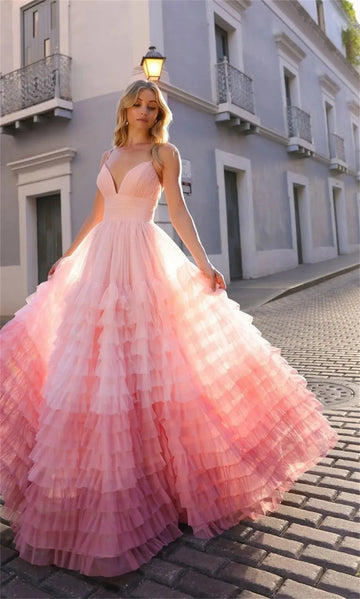 Spaghetti Strap Multilay Gradient Vestidos De Noche Elegant Sleeveless Sexy Side High Split Prom Dresses Pink