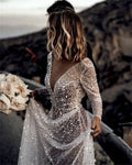 White Glitter Prom Dresses V-neck A-line Wedding Dress Elegant Long Sleeves Floor-Length Backless Vestidos De Fiesta