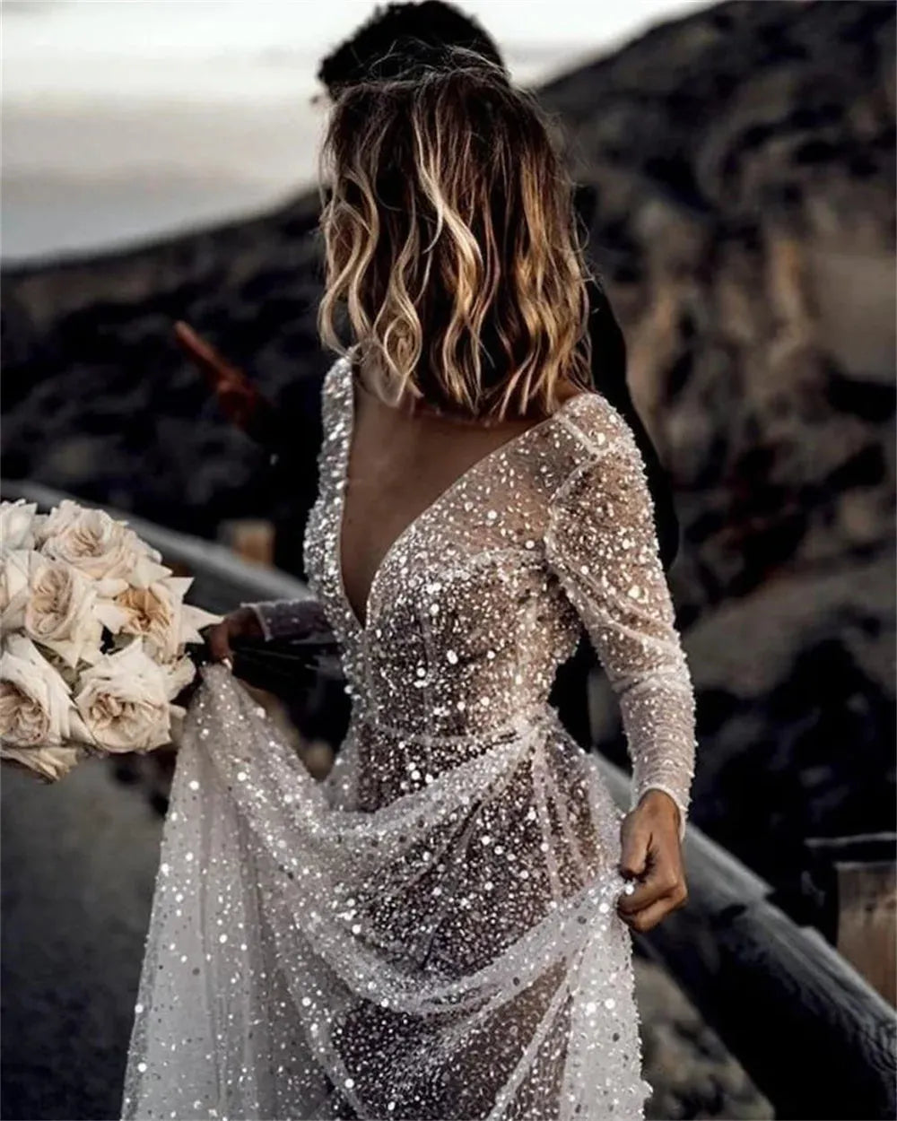White Glitter Prom Dresses V-neck A-line Wedding Dress Elegant Long Sleeves Floor-Length Backless Vestidos De Fiesta