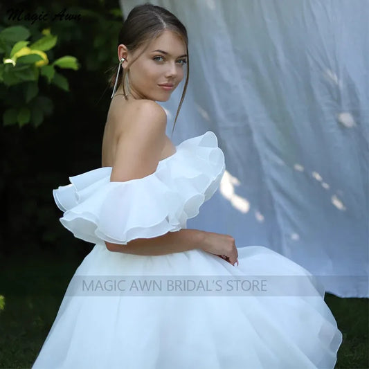 Magic Awn Short Boho Wedding Dresses Off The Shoulder Tiered Ruffles Puffy Mini Wedding Party Gowns For Bride Robes De Mariage
