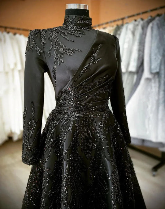 Modest Black Sequins Glitter Fabric Prom Dress Long Sleeves A-Line vestidos de fiesta Muslim High Neck As Picture
