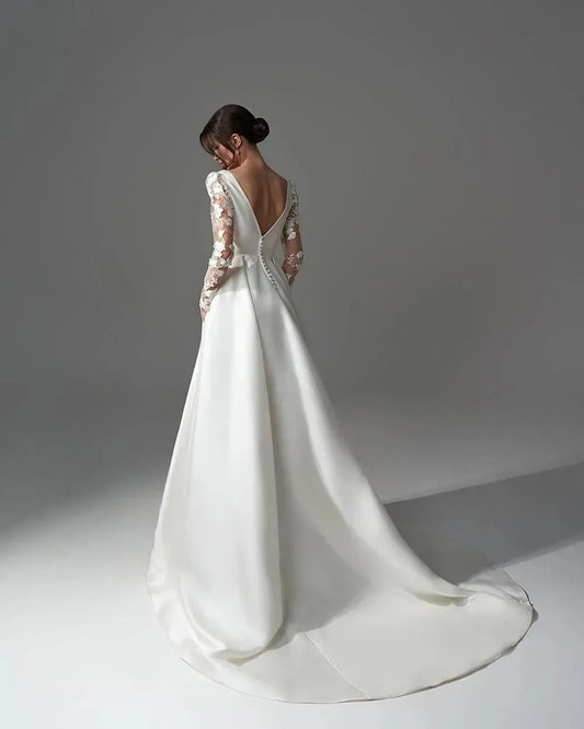 Elegant Simple Long Sleeve Wedding Dress Satin A Line V neck Bridal Gowns Side Split Bride Dress Sweep Train Plus Size