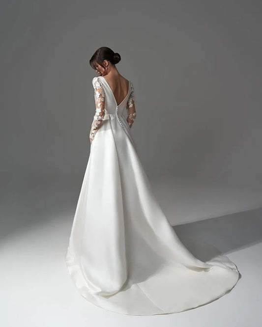 Msikoods Elegant Simple Long Sleeve Wedding Dress Satin A Line V neck Bridal Gowns Side Split Bride Dress Sweep Train Plus Size