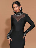 2025 Women's Light Luxury Hot Diamond Bandage Dress High Collar Long Sleeve Patchwork Bodycon Long Dress Evening Party Vestidos