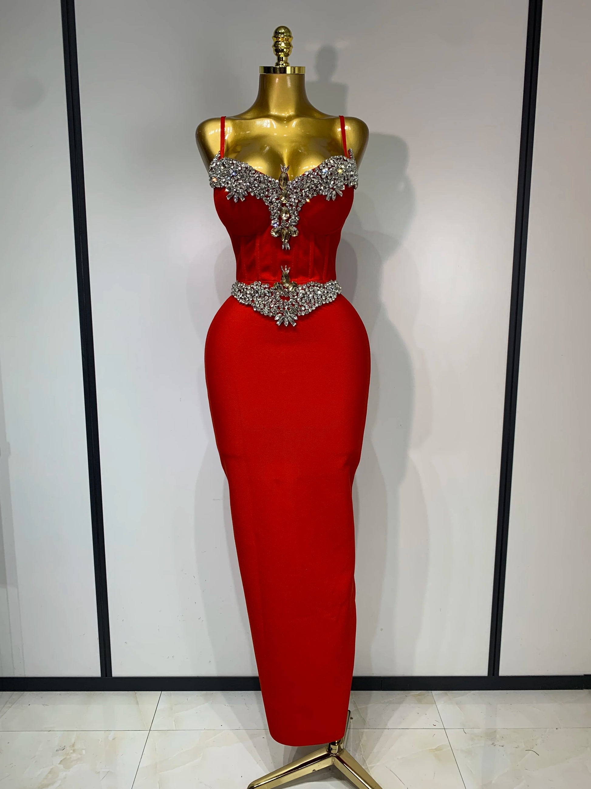 Women Celebrity Sexy Sleeveless Diamonds Maxi Long Bandage Bodycon Dress 2025 Elegant Evening Club Party Birthday Outfit Red