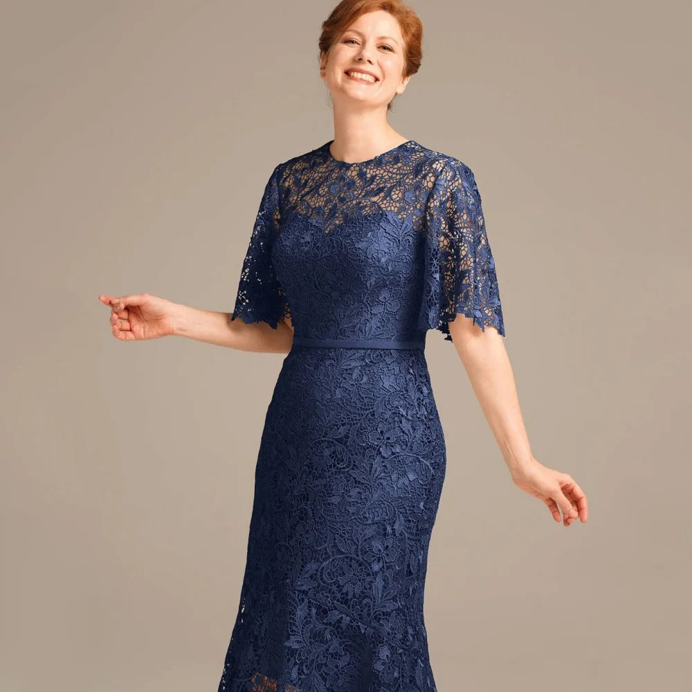 Elegant Customized Vintage Lace Mother Dresses Mermaid O Neck Wedding Party Gown Short Sleeve Mid-calf Length Occasion Dress