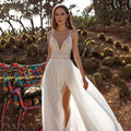 Bohemia High Split Wedding Dress Chiffon Spaghetti Straps Beach Bridal Gown Sweep Train V-Neck Robe De Mariée Custom Ivory