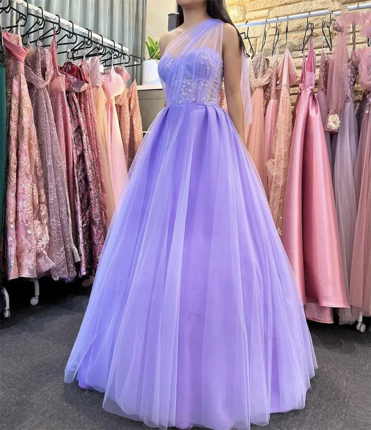 Lavender Tulle Prom Dresses One Shoulder A-line Wedding Dress Elegant Sleeveless Floor-Length Vestidos De Fiesta As Picture